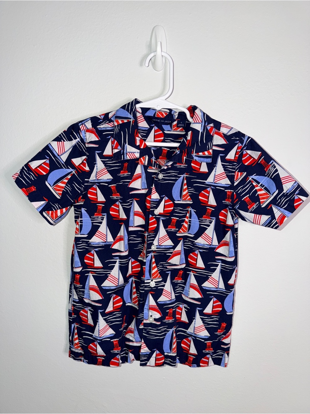 Janie and Jack Navy Red White Sailboat Button-Down Shirt